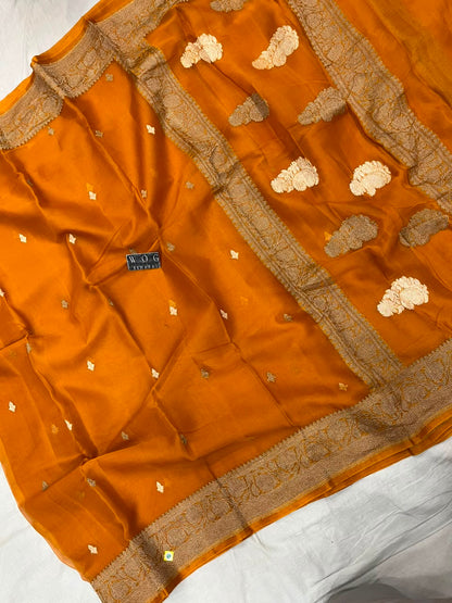 MUSTARD YELLOW PURE HANDWOVEN KHADDI CHIFFON SAREE WITH ANTIQUE