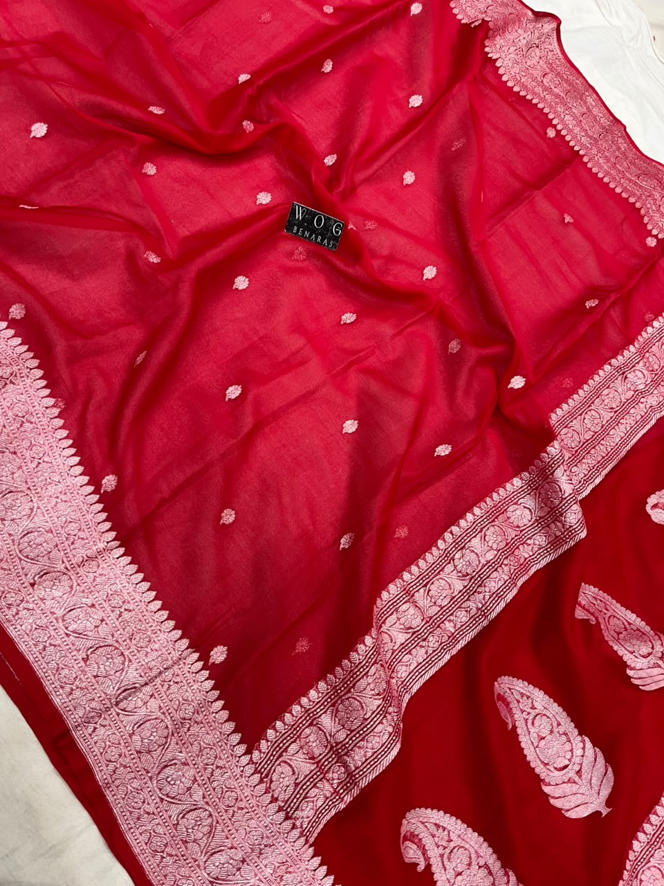 BRIDAL RED PURE HANDWOVEN KHADDI CHIFFON SAREE