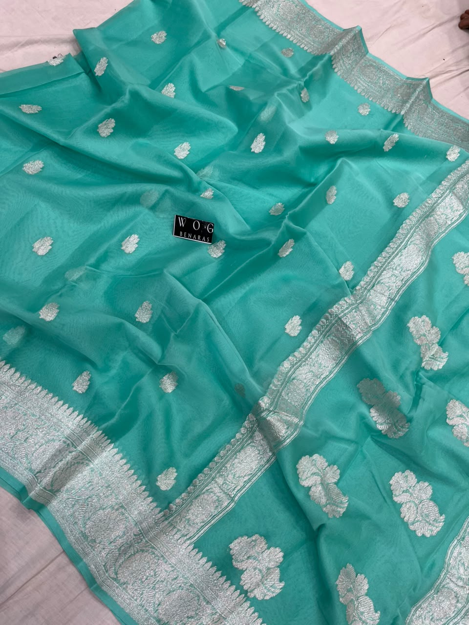 SEA GREEN PURE HANDWOVEN KHADDI CHIFFON SAREE