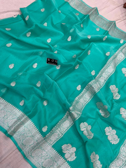 SEA GREEN PURE HANDWOVEN KHADDI CHIFFON SAREE