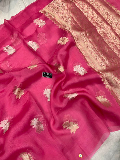 GAZARI PINK PURE KORA SILK SAREE