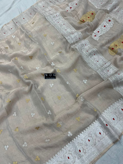 NATURAL COLOUR PURE HANDWOVEN KHADDI CHIFFON TISSUE SAREE