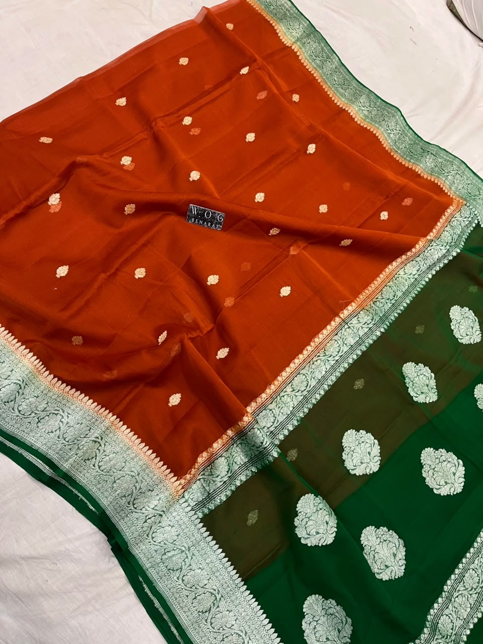 RUST & GREEN PURE HANDWOVEN KHADDI CHIFFON SAREE