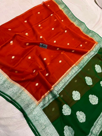 RUST & GREEN PURE HANDWOVEN KHADDI CHIFFON SAREE