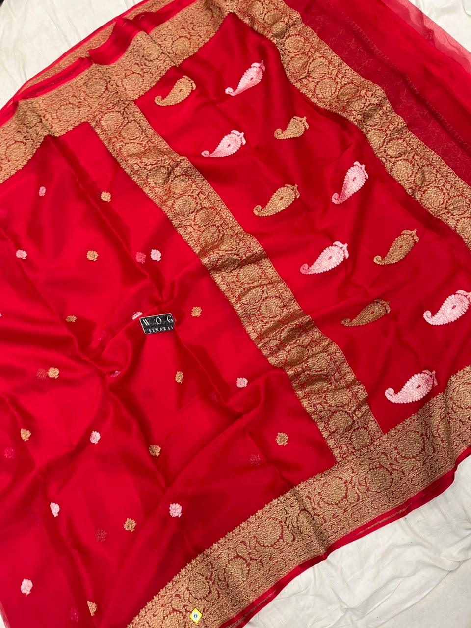BRIDAL RED PURE HANDWOVEN KHADDI CHIFFON SAREE WITH ANTIQUE