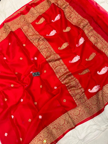BRIDAL RED PURE HANDWOVEN KHADDI CHIFFON SAREE WITH ANTIQUE