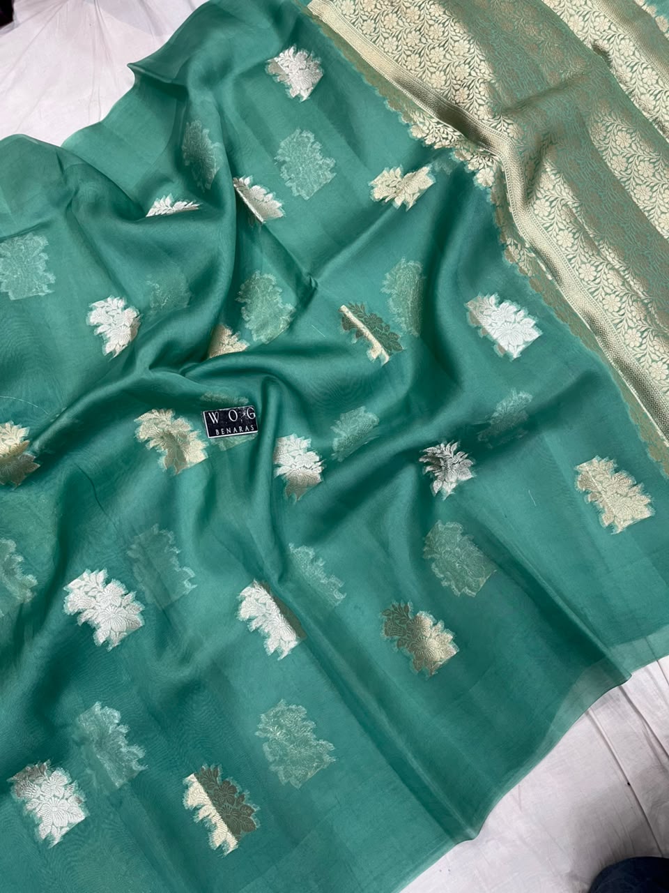 TEAL BLUE PURE KORA SILK SAREE