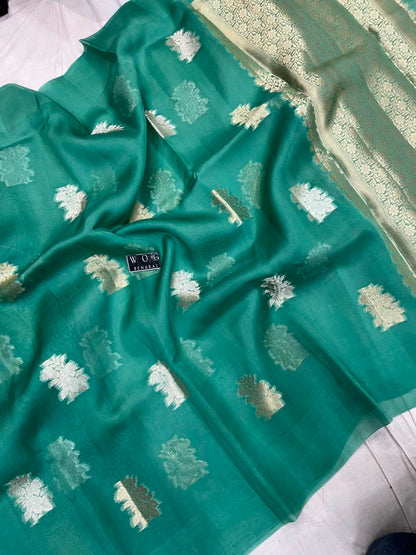 TEAL BLUE PURE KORA SILK SAREE