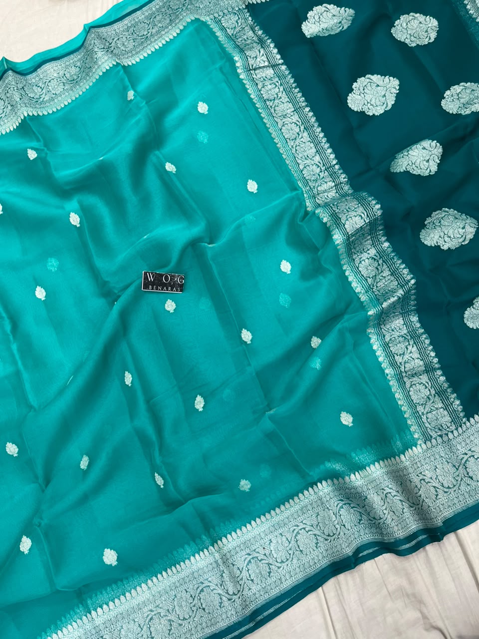 SEA GREEN & SAFAYER PURE HANDWOVEN KHADDI CHIFFON SAREE