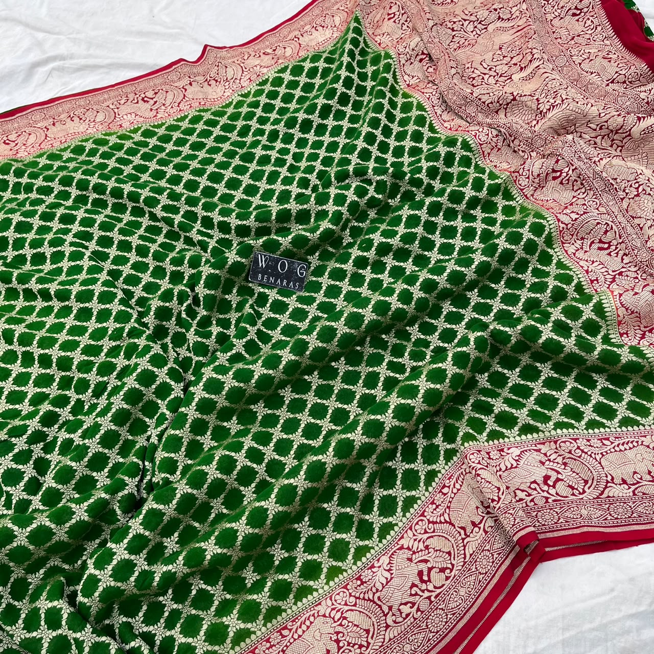 MEHENDI GREEN&RED PURE KHADDI GEORGETTE SAREE