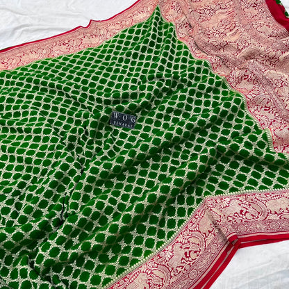 MEHENDI GREEN&RED PURE KHADDI GEORGETTE SAREE
