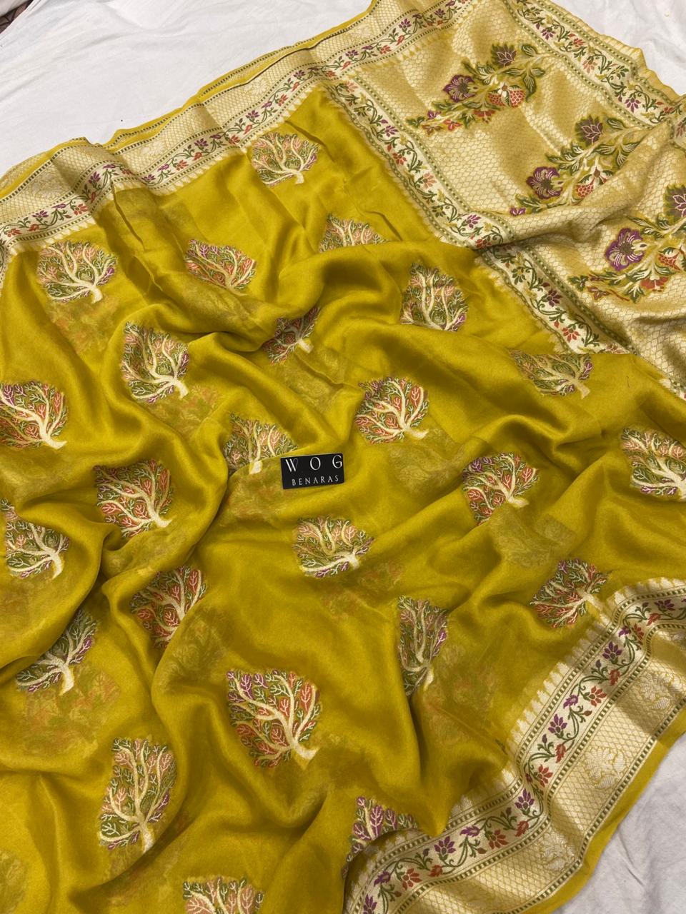 DHANI YELLOW PURE KHADDI CREPE SAREE WITH MEENAKARI BUTA