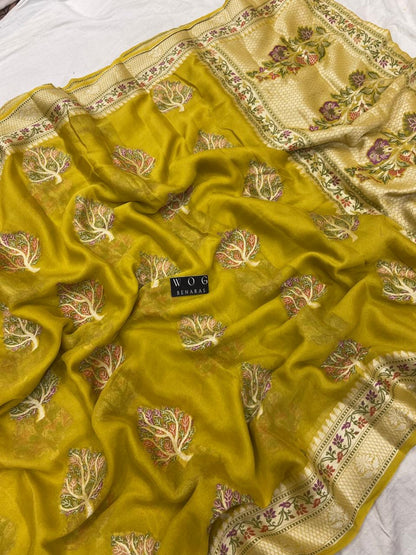 DHANI YELLOW PURE KHADDI CREPE SAREE WITH MEENAKARI BUTA
