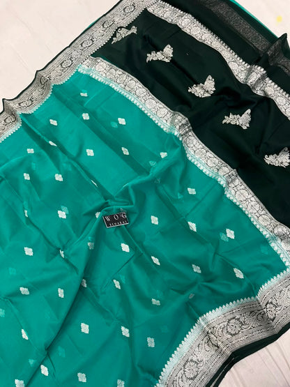 AQUA & BOTTLE GREEN PURE HANDWOVEN KHADDI CHIFFON SAREE