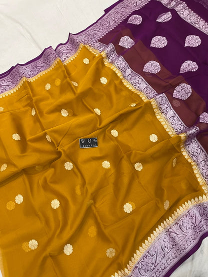 MUSTARD & MERGENTA PURE HANDWOVEN KHADDI CHIFFON SAREE