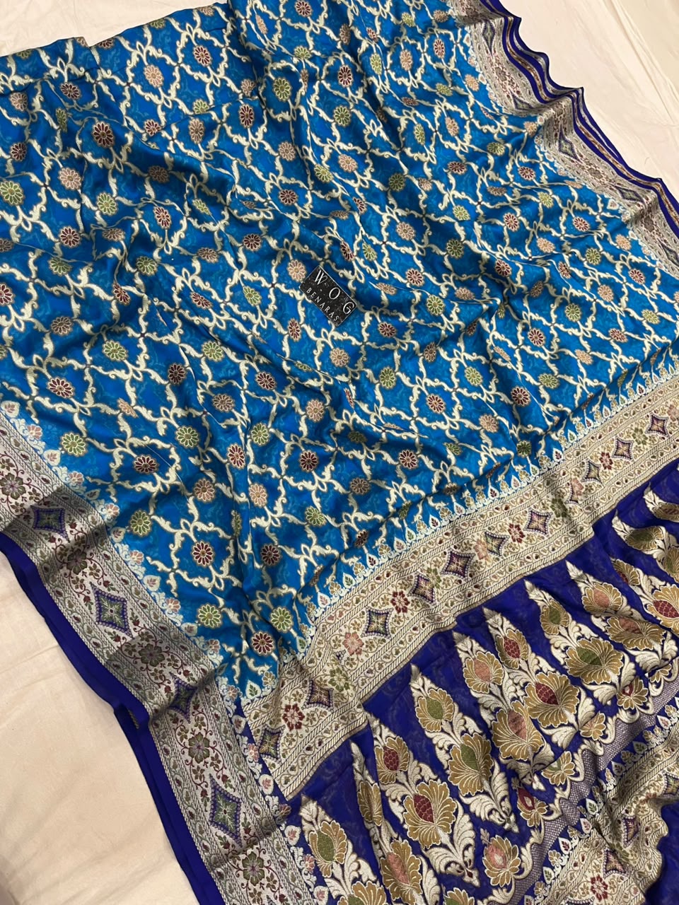 BLUE PURE KHADDI CREPE SAREE WITH MEENAKARI JALL
