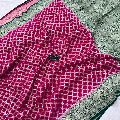 RANI PINK & GREEN PURE KHADDI GEORGETTE SAREE