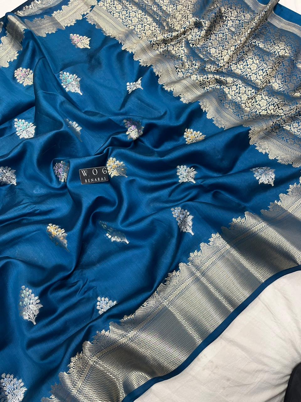 GERMAN BLUE PURE CHINIYA SILK BUTA SAREE