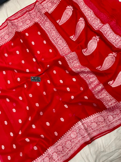 BRIDAL RED PURE HANDWOVEN KHADDDI CHIFFON SAREE