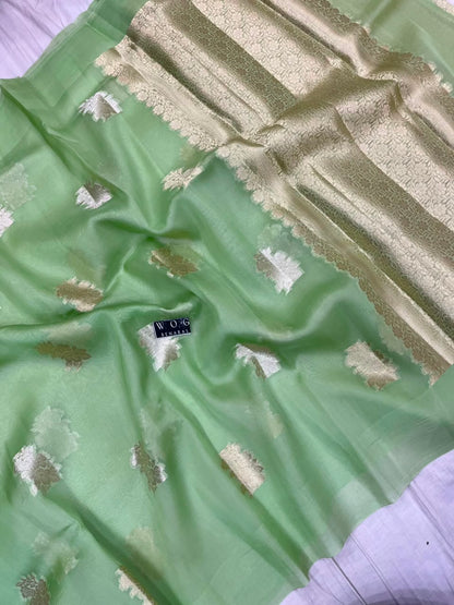 PISTA GREEN PURE KORA SILK SAREE