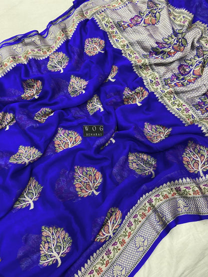 ROYAL BLUE PURE KHADDI CREPE SAREE WITH MEENAKARI BUTA