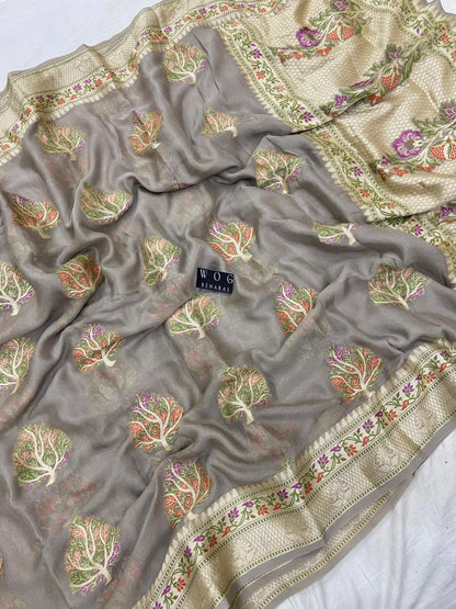 CHARCOAL PURE KHADDI CREPE SAREE WITH MEENAKARI BUTA