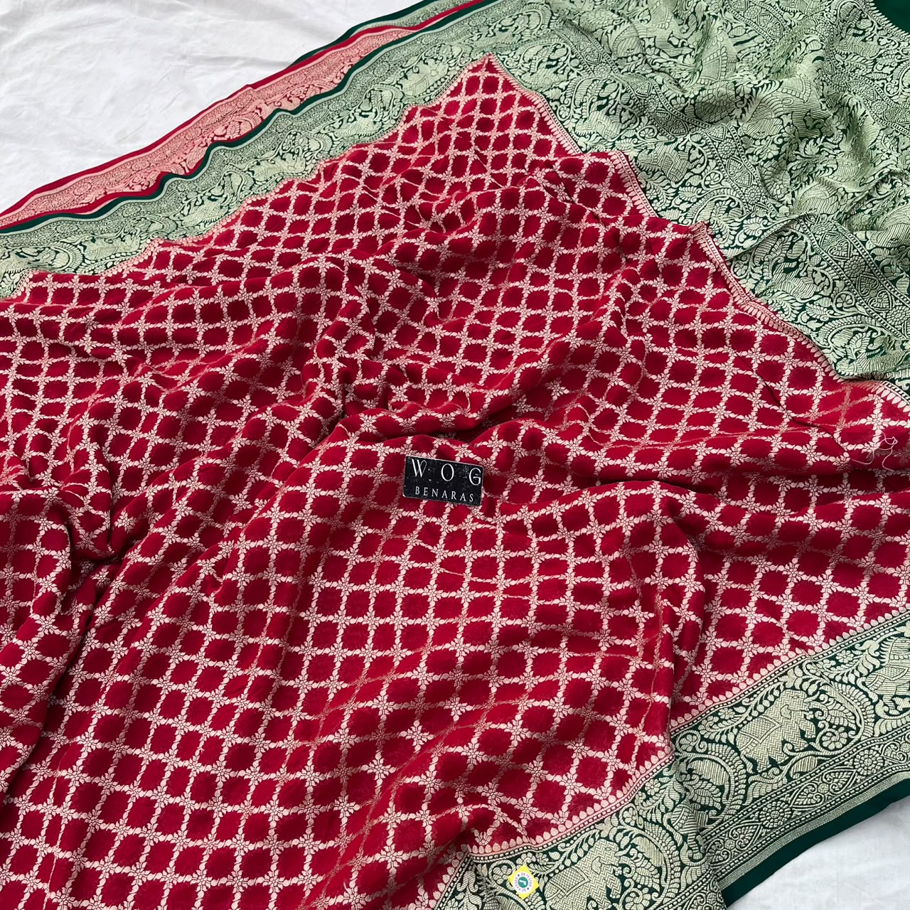 RED&GREEN PURE KHADDI GEORGETTE SAREE