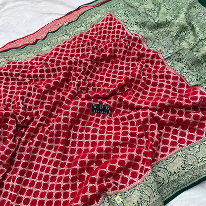RED&GREEN PURE KHADDI GEORGETTE SAREE