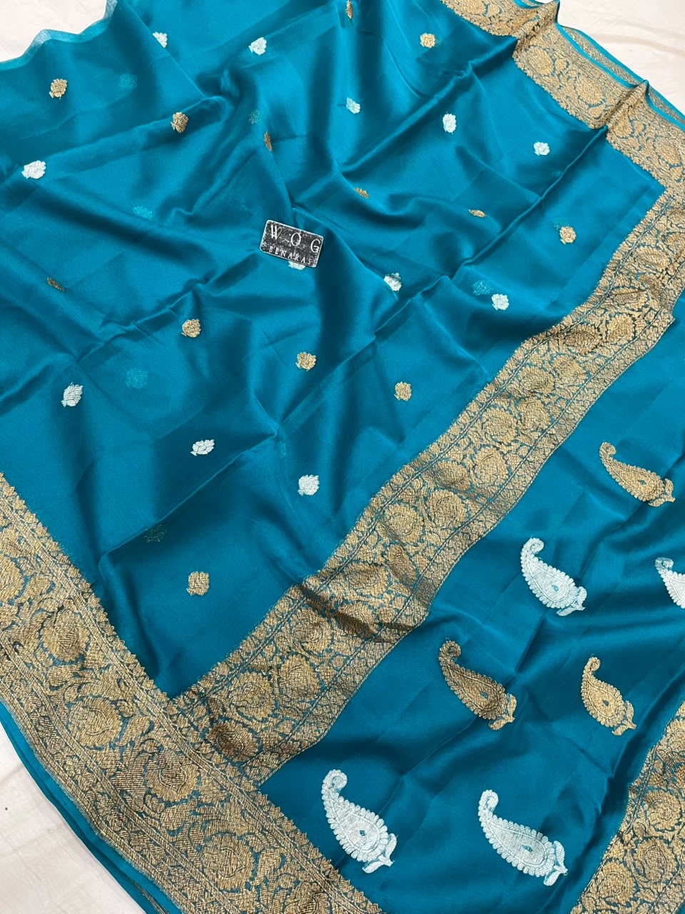 SAFAYER BLUE PURE HANDWOVEN KHADDI CHIFFON SAREE WITH ANTIQUE