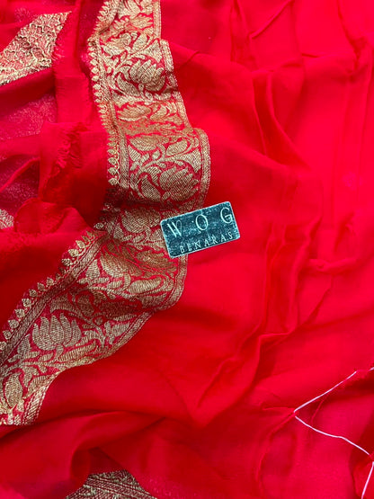 BRIDAL RED PURE HANDWOVEN KHADDI CHIFFON SAREE WITH ANTIQUE