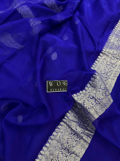 ROYAL BLUE PURE HANDWOVEN KHADDI CHIFFON SAREE