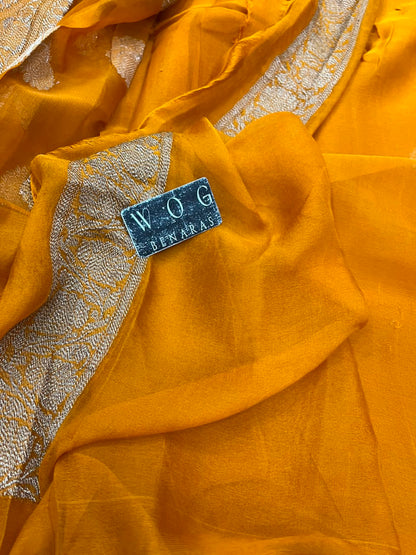 MUSTARD YELLOW PURE HANDWOVEN KHADDI CHIFFON SAREE WITH ANTIQUE