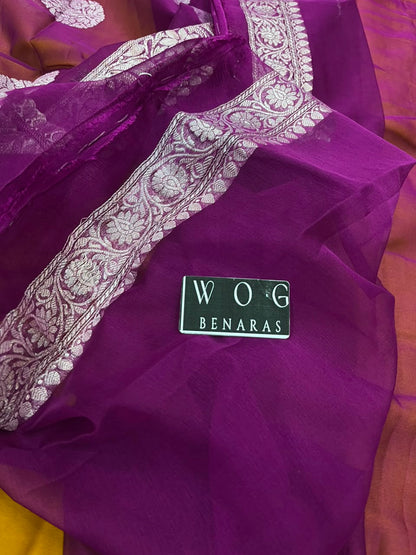 MUSTARD & MERGENTA PURE HANDWOVEN KHADDI CHIFFON SAREE