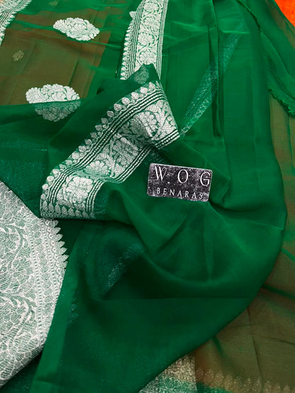 BOTTLE GREEN & RED PURE HANDWOVEN KHADDI CHIFFON SAREE