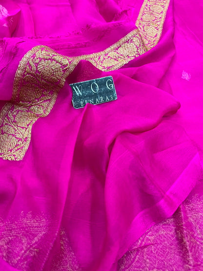 RANI PINK PURE HANDWOVEN KHADDI CHIFFON SAREE WITH ANTIQUE