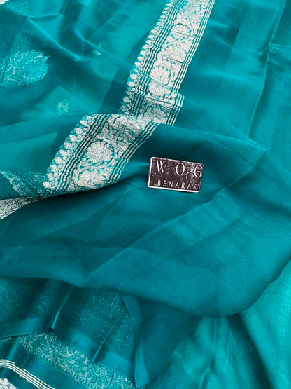 SEA GREEN & SAFAYER PURE HANDWOVEN KHADDI CHIFFON SAREE