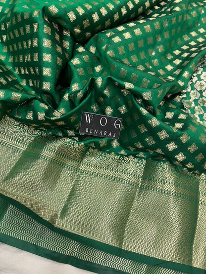 BOTTLE GREEN PURE CHINIYA SILK BUTA SAREE