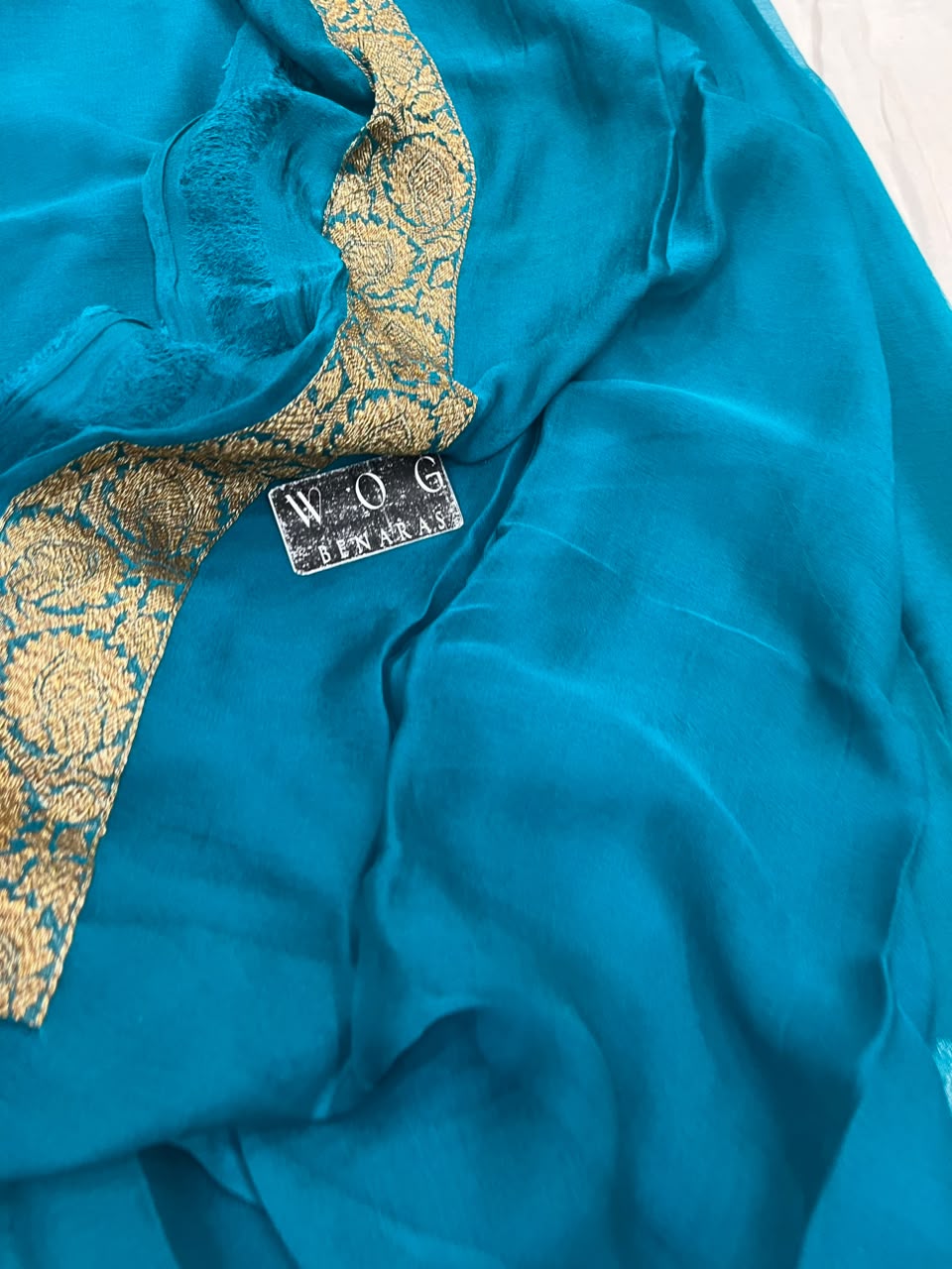 SAFAYER BLUE PURE HANDWOVEN KHADDI CHIFFON SAREE WITH ANTIQUE