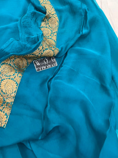 SAFAYER BLUE PURE HANDWOVEN KHADDI CHIFFON SAREE WITH ANTIQUE