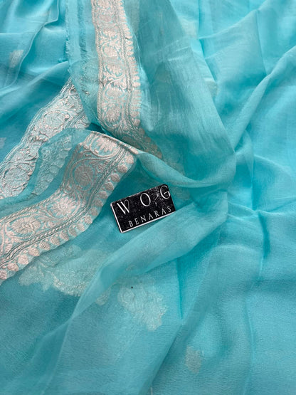SKY BLUE PURE HANDWOVEN KHADDI CHIFFON SAREE
