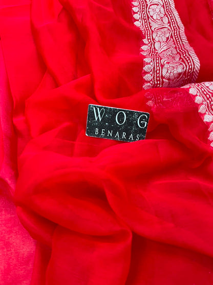 BRIDAL RED PURE HANDWOVEN KHADDI CHIFFON SAREE