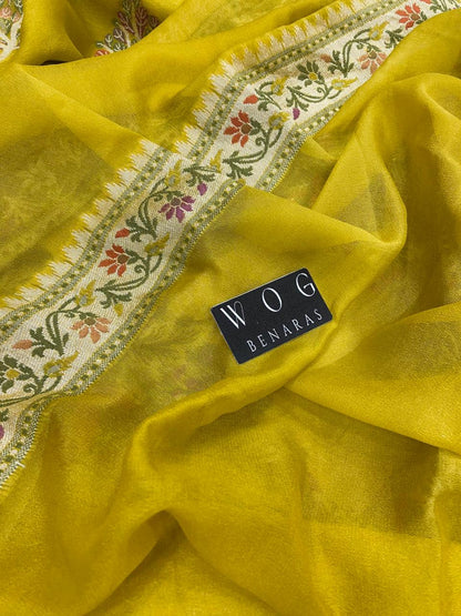 DHANI YELLOW PURE KHADDI CREPE SAREE WITH MEENAKARI BUTA