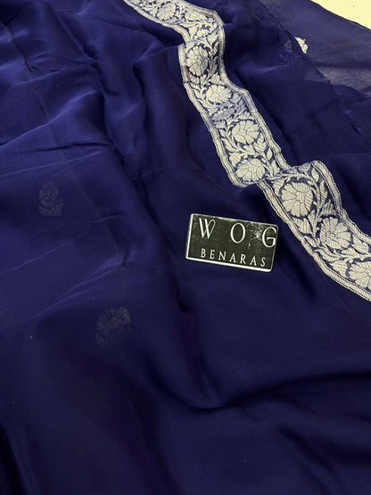 NAVY BLUE PURE HANDWOVEN KHADDI CHIFFON SAREE