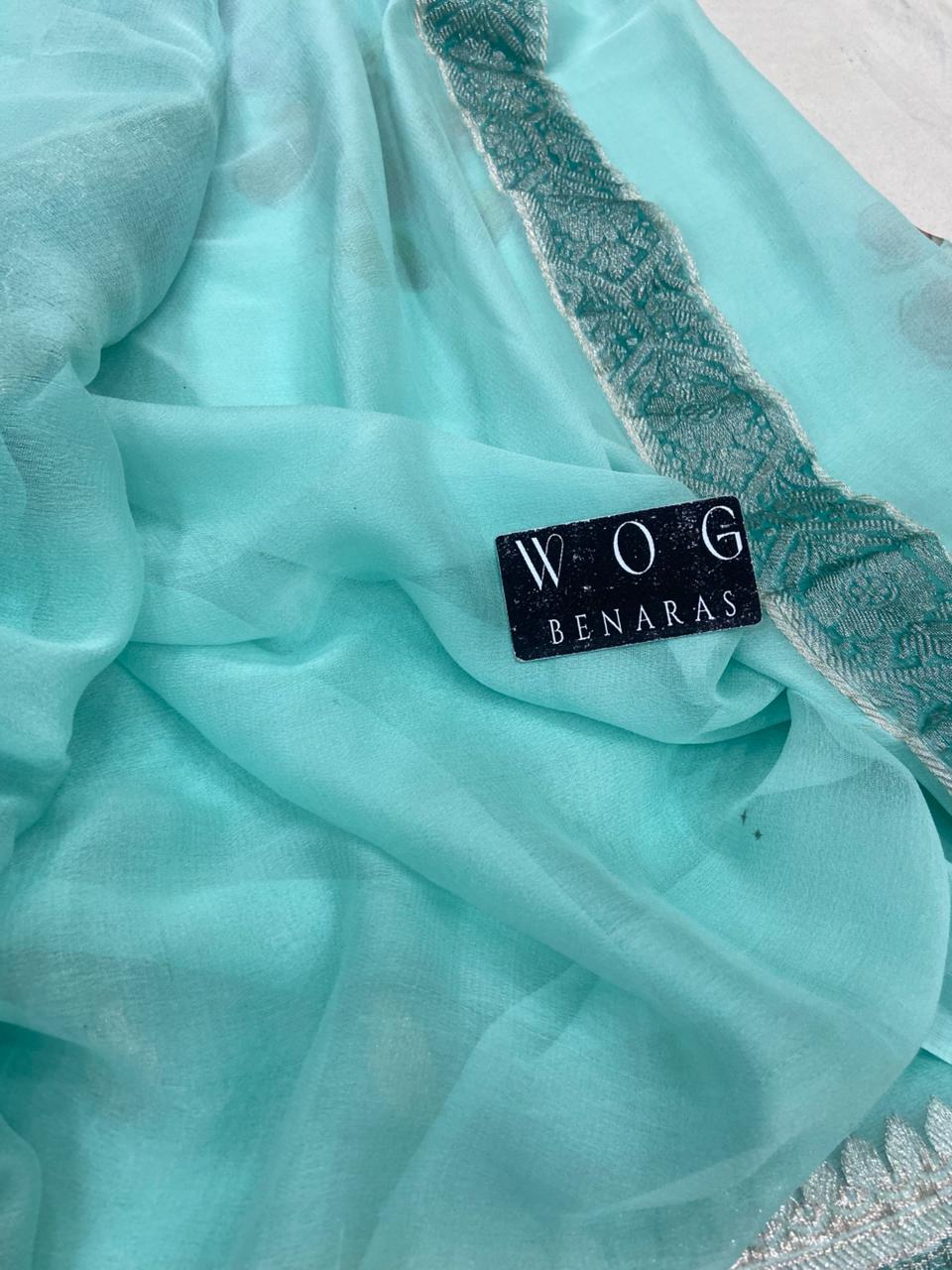 AQUA BLUE HANDWOVEN KHADDI CHIFFON SAREE WITH MAYUR
