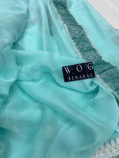 AQUA BLUE HANDWOVEN KHADDI CHIFFON SAREE WITH MAYUR