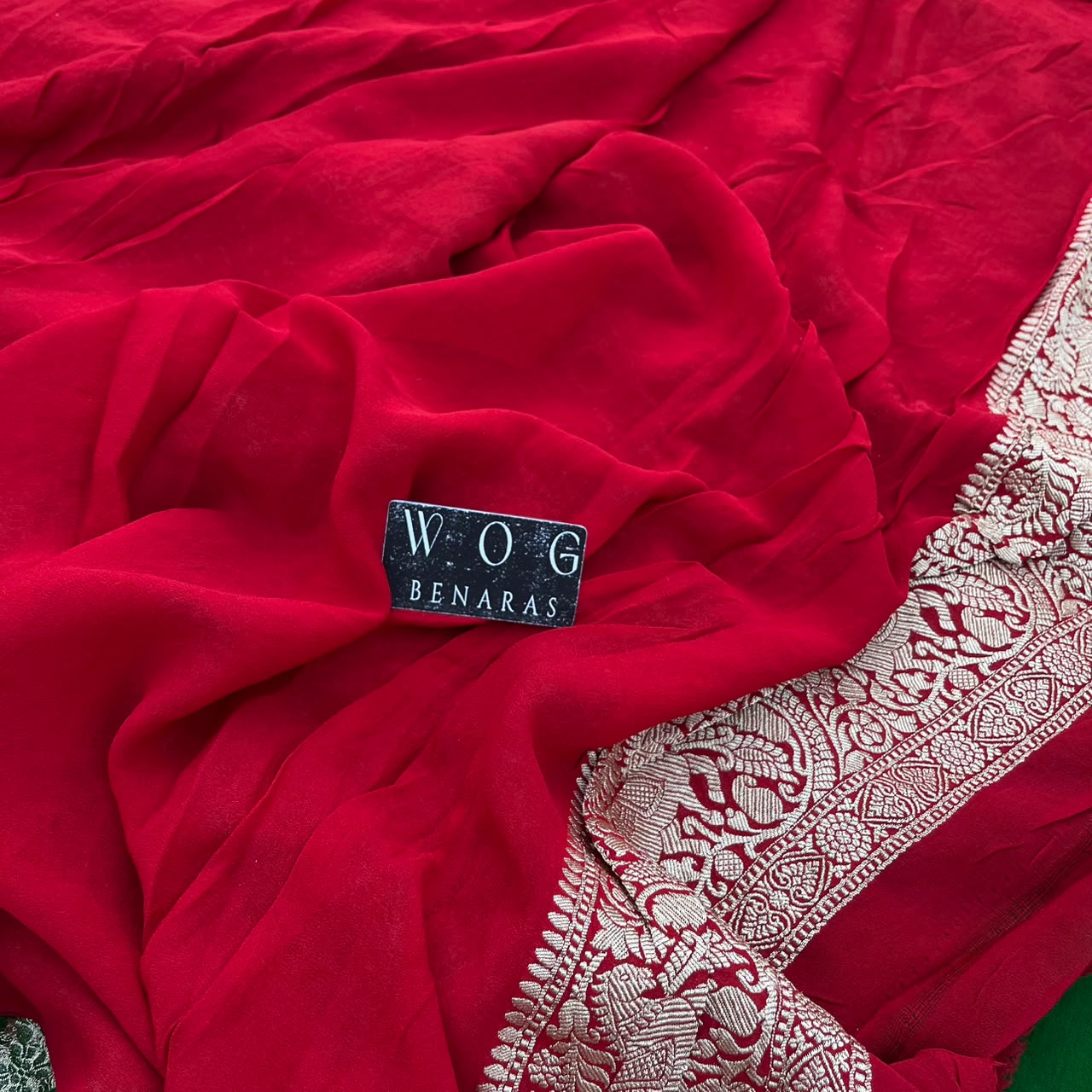 MEHENDI GREEN&RED PURE KHADDI GEORGETTE SAREE