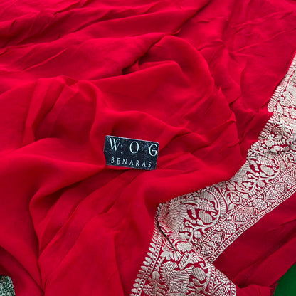 MEHENDI GREEN&RED PURE KHADDI GEORGETTE SAREE