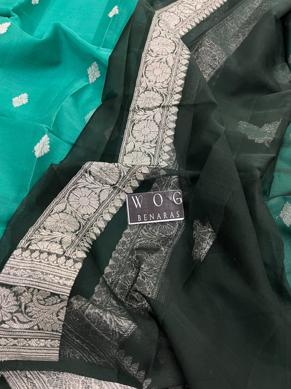AQUA & BOTTLE GREEN PURE HANDWOVEN KHADDI CHIFFON SAREE