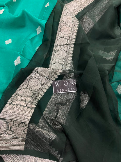 AQUA & BOTTLE GREEN PURE HANDWOVEN KHADDI CHIFFON SAREE