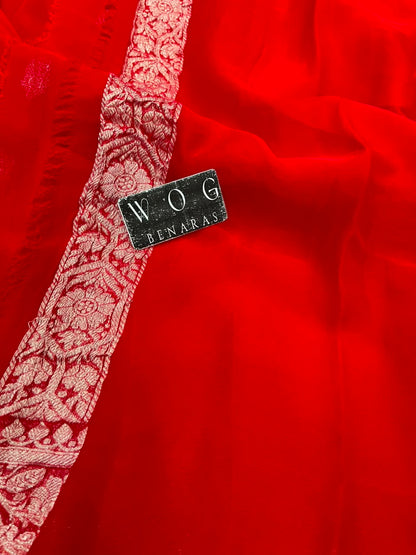 BRIDAL RED PURE HANDWOVEN KHADDDI CHIFFON SAREE